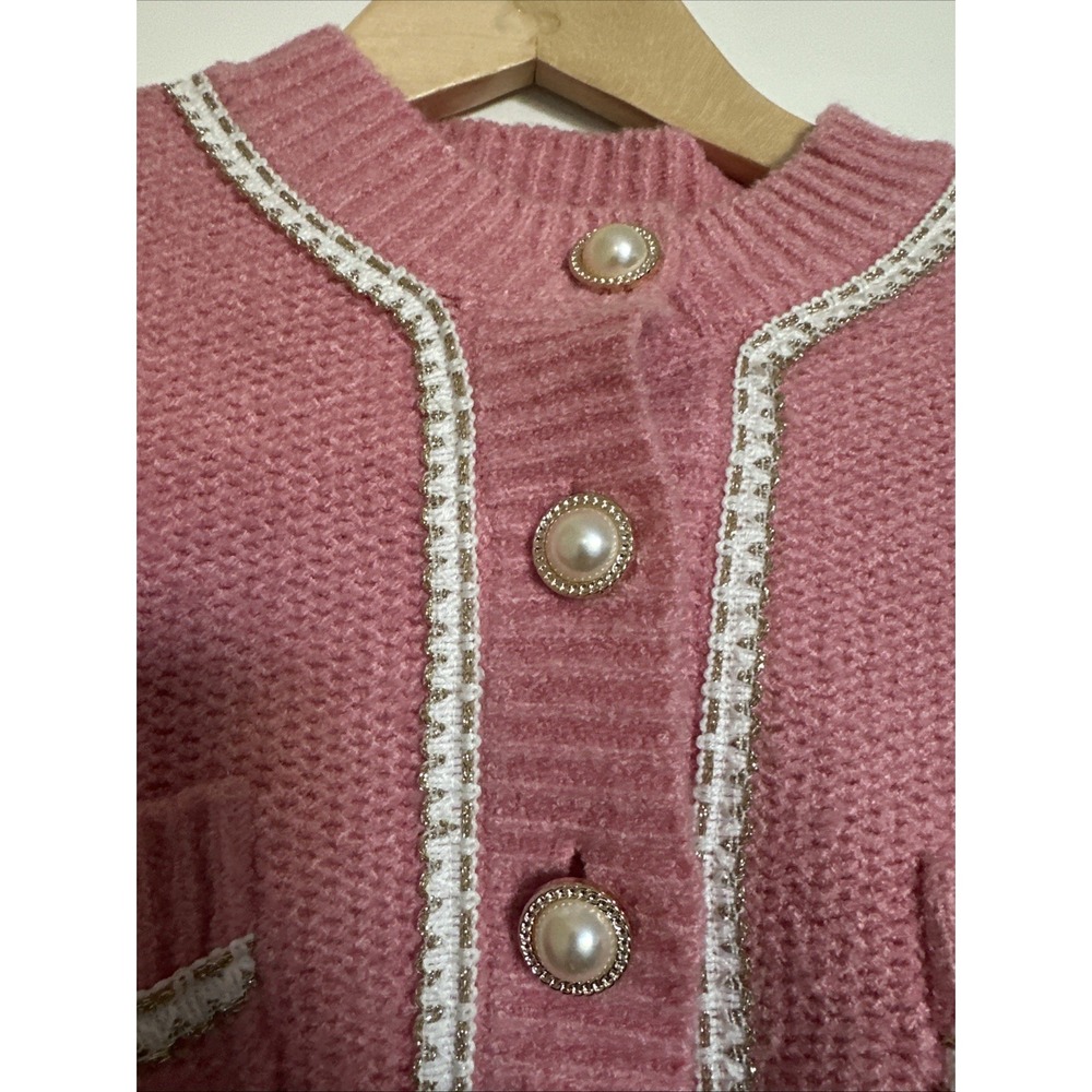 Elodie Pink White Classic Elegance Parisian Chic Cardigan Pearl Buttons Small - Picture 7 of 9